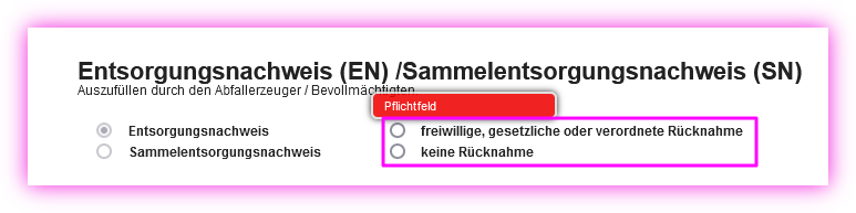 Pflichtfeld der Rücknahme Optionen